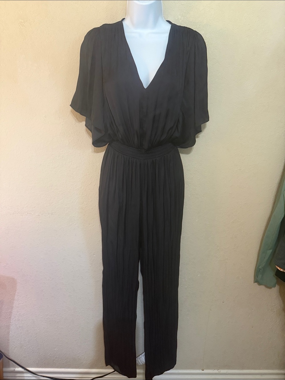 Maje Black V-Neck Pleated Jumpsuit black satin